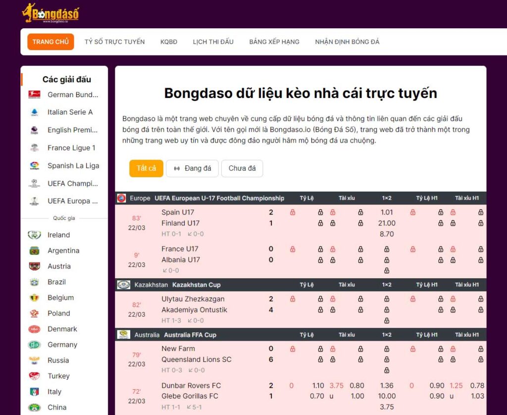 Bongdaso – Bóng đá số trang chủ: nguồn cung cấp dữ liệu chuyên nghiệp